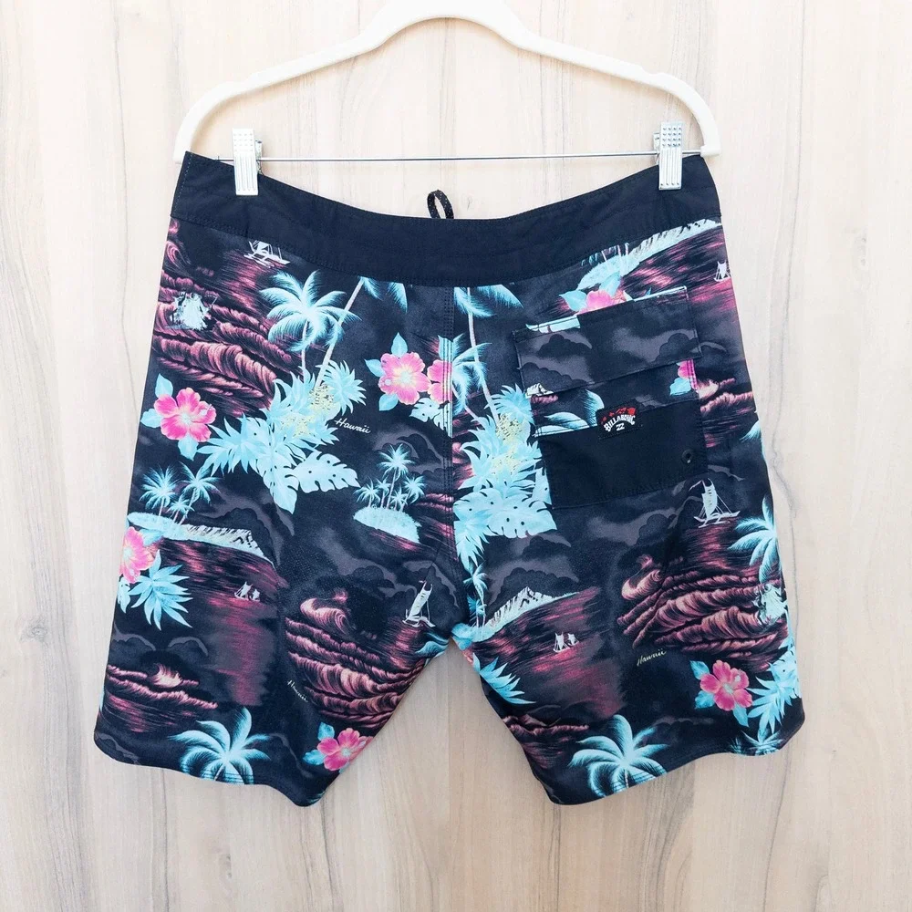 Billabong Mens Board Shorts 33 Black Tropical Floral Palm Tree Recycler Surf